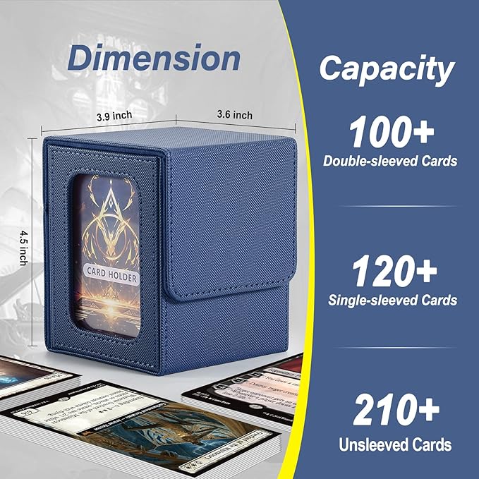 MTG Deck Box, Double Display Window MTG, Commander Deck Box Fits 120+ Single Sleeved Cards, PU Leather Magnetic Closure Card Box with 2 Dividers&2 Toploaders for TCG, CCG, Blue