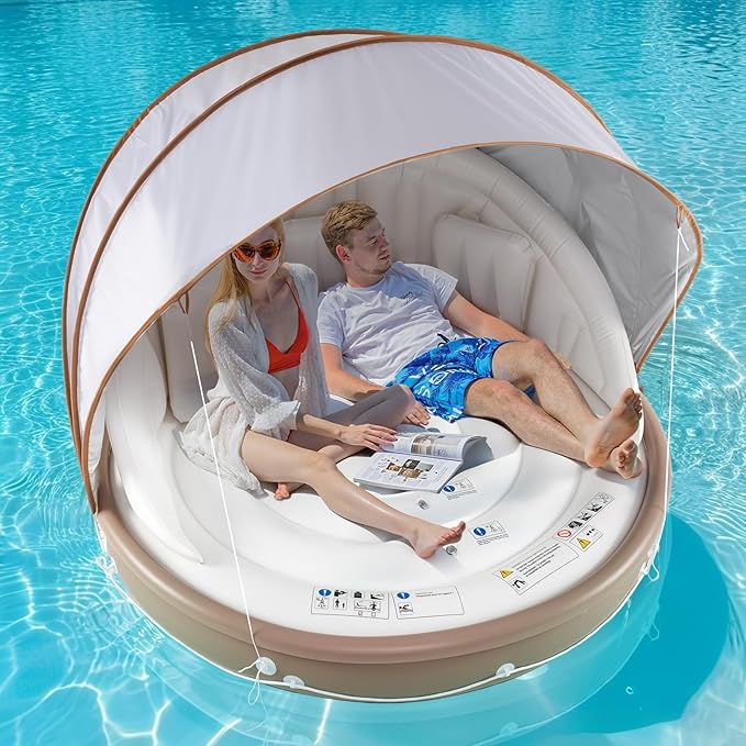 Moccha Inflatable Island with Canopy - 440 lbs Party Floats with SPF50+ Retractable Detachable Sunshade & 3 Pillows, 2-3 Person Tanning Lounger, 73” Pool Daybed, Floating Island for Lake
