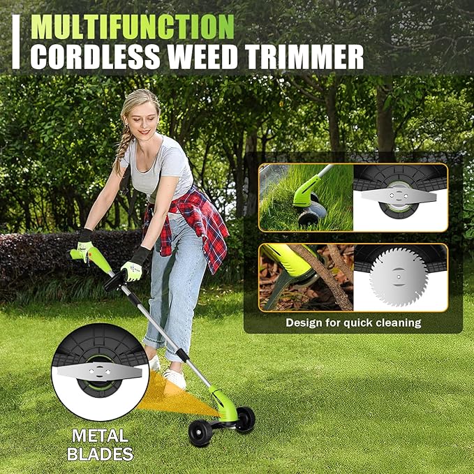 Aokia Weed Wacker Cordless for Lawn: 12V Electric String Trimmer with Wheel - Lightweight 2.0Ah Li-Ion Battery Powered for Yard, Garden, Hedge - Grass Edger with 2 Cutting Blade Types