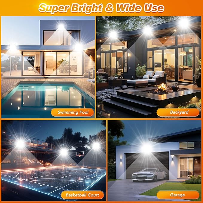 100W LED Flood Light Outdoor, 2Pack 10000LM Super Bright, IP66 Waterproof Outside Work Lights, 6000K Daylight White Security Lights, Plug in Flood Light for Yard Garage Garden Patio