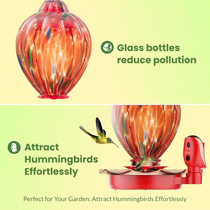 Smart Hummingbird Feeder with Camera, 2K HD Solar Panel Glass Bird Feeder with Night Vision&Water Sensor for Garden Decor, 148°View, AI Bird ID, Alexa & Google Compatible, IP66 Weatherproof