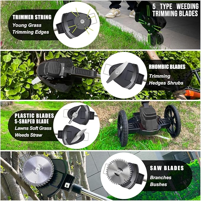 Cordless Weed Wacker Eater Battery Powered, 21V Lightweight Electric Weed Trimmer with 2 Battery Operated & Charger& Wheels & Shears, No-String Grass Trimmer/Brush Cutter/Lawn Edger for Yard Garden