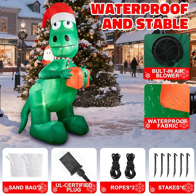 HFO 10ft Tall Christmas Inflatable Outdoor Decorations, Blow up Yard Decor with Santa Claus Rides a Dinosaur to Deliver Gifts, Bright LED Lights Christmas Outdoor Decorations