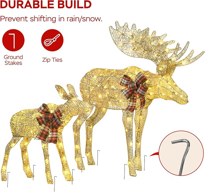 Outdoor Lighted Deer Christmas Decor, Moose & Fawn 2-Piece Set Xmas Holiday Decorations with 170 Warm White LEDs, Champagne Gold Twine, 3D Design, Ground Stakes, for Yards, Garden, Lawn