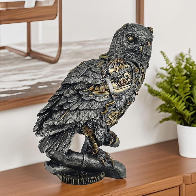 Steampunk Owl Statue 11.6'' H Metallic Silver and Gold Gothic Collectible Animal Figurine Wisdom Gift Owl Sculpture for Home Office Decoration Living Room Tabletop Mantel