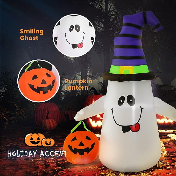VIVOHOME 5FT Halloween Inflatable Yard Decor, White Ghost with Pumpkin, Outdoor Blow Up with Built-in LED Light for Lawn, Garden, Party