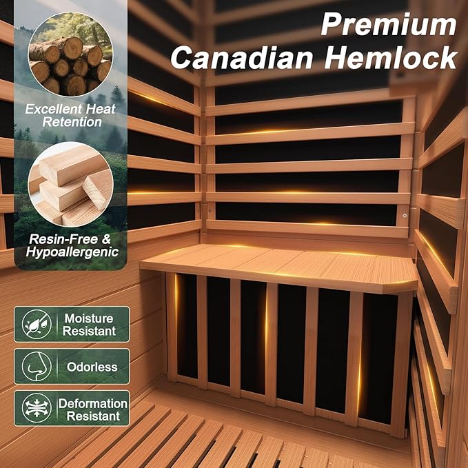 Far Infrared Sauna, Canadian Hemlock Wood Sauna Spa Room for Indoor,1062W 110V Low EMF Saunas with Control Panel and Integrated Speakers, Mini Home Sauna Room for One Person (Red Wood)