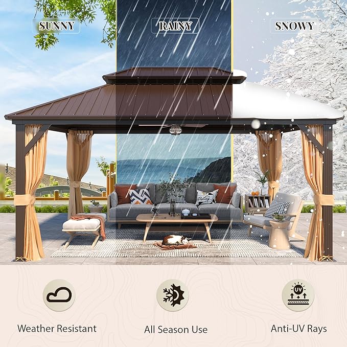 YOLENY 12' x 16' Hardtop Gazebo with Galvanized Steel Double Roof, Aluminum Pergolas Frame, Curtains and Netting Included, Metal Outdoor Gazebos for Garden, Patios, Lawns, Parties