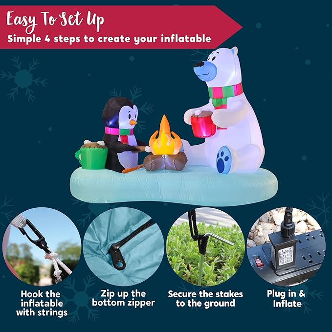 Joiedomi 6 FT Long Christmas Inflatable Polar Bear and Penguin with Campfire Decoration, Blow Up Yard Decoration Christmas Inflatable with Build-in LEDs Blow Up for Xmas Party, Lawn, Winter Décor