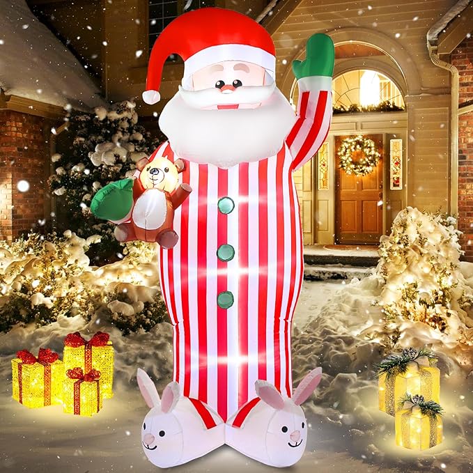 Christmas Inflatable Santa Claus Outdoor Decorations 8ft Giant Blow Up Yard Striped Santa Inflatables Cute Xmas Winter Blowups Led Lights Decor Rabbit for Holiday Vacation Outside Lawn