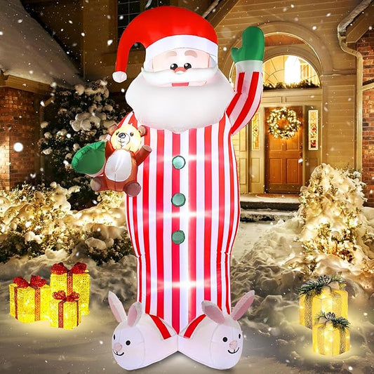 Christmas Inflatable Santa Claus Outdoor Decorations 8ft Giant Blow Up Yard Striped Santa Inflatables Cute Xmas Winter Blowups Led Lights Decor Rabbit for Holiday Vacation Outside Lawn