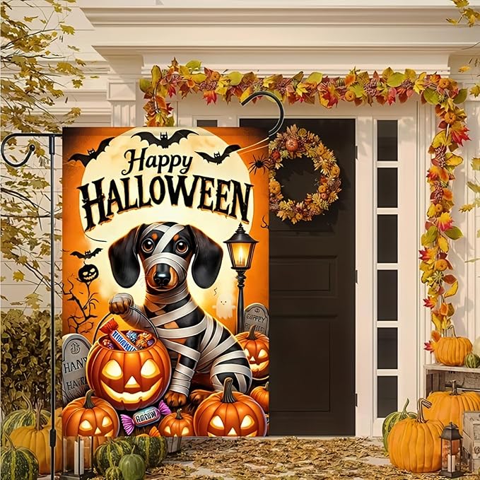Garden Flags for Outside 12x18 Inch Double Sided - Halloween Trick or Treat Dachshund Dog Skeleton Decorations - Small Outdoor Yard Flag