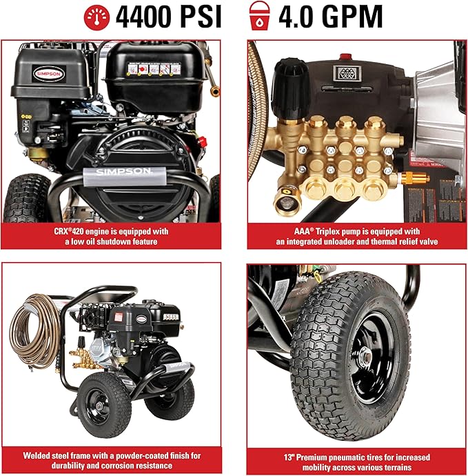 Simpson 4400 PSI Gas Pressure Washer, 4.0 GPM Commercial Power Washer, Cold Water, 50' Hose, PowerShot, 49-State Compliant (PS60843)