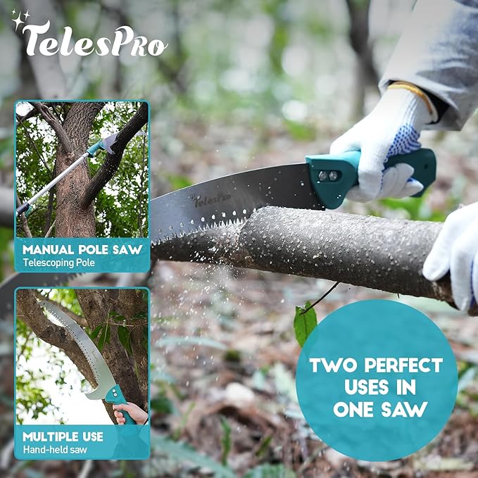 Extendable Tree Trimmer: Manual Pole Saw | 5-12ft Telescoping Pruning Pole for Tree Trimming | Saw Attachment, Safety Goggles, and Gloves Included | Trim Branches up to 2" Diameter