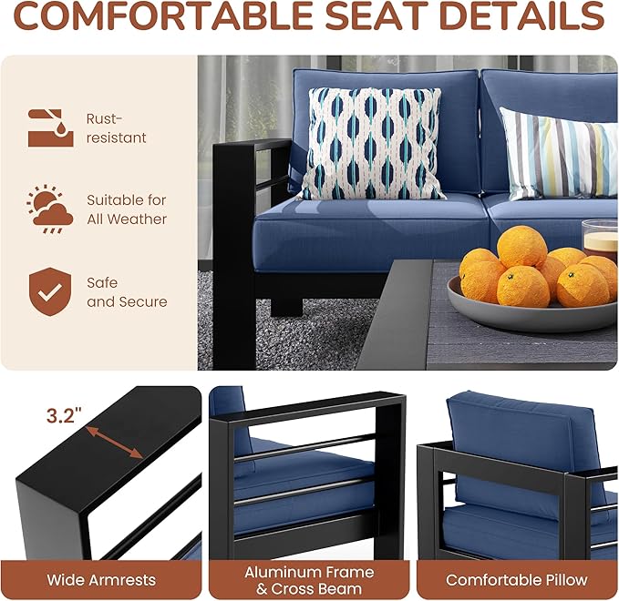 Solaste Aluminum Patio Furniture Set with Fire Pit Table, 5 Piece Metal Outdoor Furniture with Water-Resistant Cushions, Modern Patio Conversation Set for Balcony, Front Porch, and Backyard, Blue