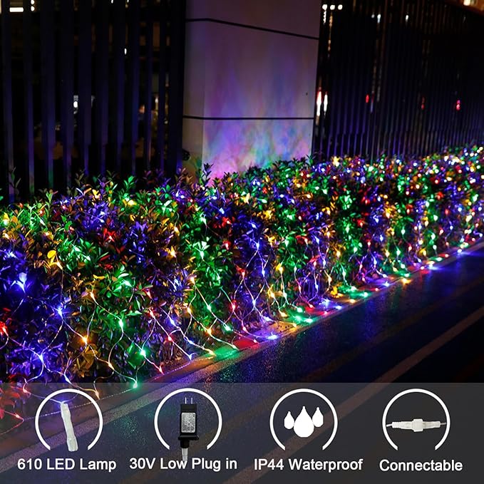 Lovelite 610 LED Christmas Net Lights, 34.5ft x 5ft Mesh Lights Outdoor Clear Wire 8 Modes, Waterproof Connectable String Lights Plug in for Bushes Xmas Tree Garden Holiday Party Decor - Multicolor