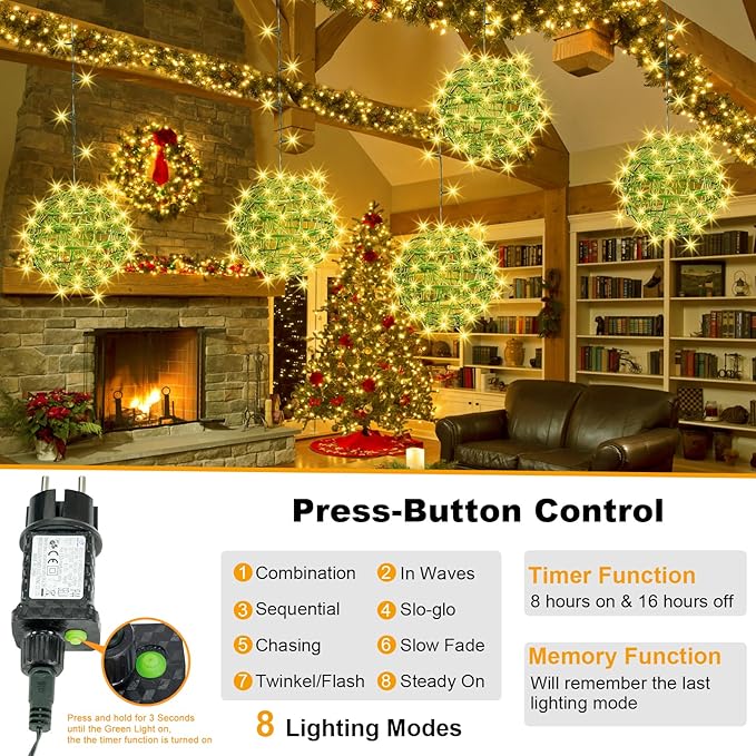 Christmas String Lights Outdoors,4 Pack 7.98" Sphere Ball Tree Garden Globe Lights for Home, Party, Christmas, Porch Patio,Wedding, Garden,Tree Decoration with Memory Function Plug