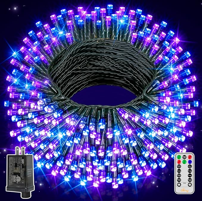 Ollny Halloween Lights 400LED 132FT, Remote Plug-in Blue & Purple Christmas Tree Lights with Timer and 8 Modes, Waterproof Outdoor/Indoor Decorations