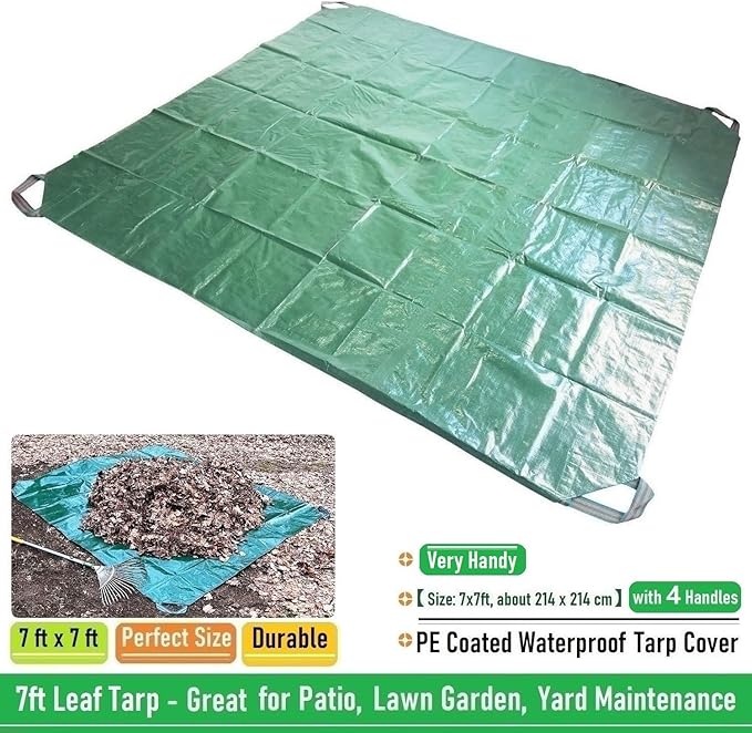 7x7 Ft Yard Garden Leaf Tarp W/ 4 Handles Waterproof Tarp for Sandbox Cover,Outdoor Tarpaulin,Lawn Debris,Landscape Pruning,Leaf Hauler,Tent Footprint,Camping Tent Mat,Patio Table,Yard Fire Pit Cover