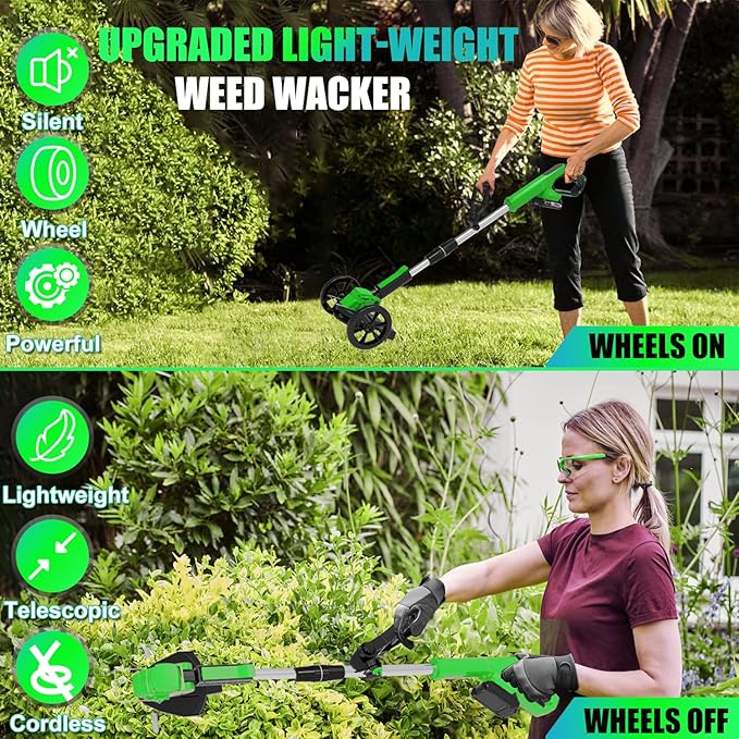 Electric Weed Wacker Battery Powered, Cordless Weed Trimmer with 21V Battery Operated & Charger & Wheels & 25 Blades, No-String Brush Cutter/Lawn Edger/Grass Trimmer for Garden Yard