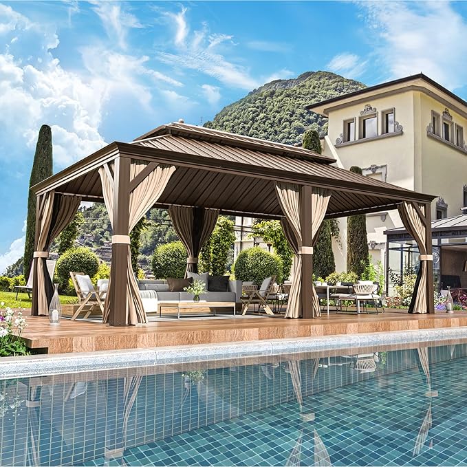 EROMMY 12'x20' Hardtop Gazebo Double Roof Galvanized Steel Canopy Outdoor Aluminum Frame Permanent Metal Pavilion with Netting and Curtains for Patio Backyard Deck and Lawns