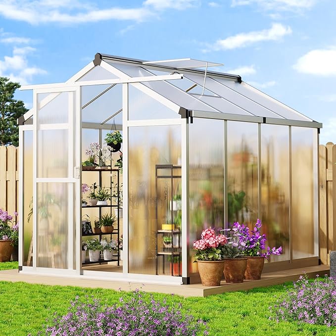 6x8 ft Greenhouse with Roof Vent, Aluminum Walk-in Greenhouses for Outdoors, Heavy Duty Garden House for Backyard, Patio, Easy Assembly