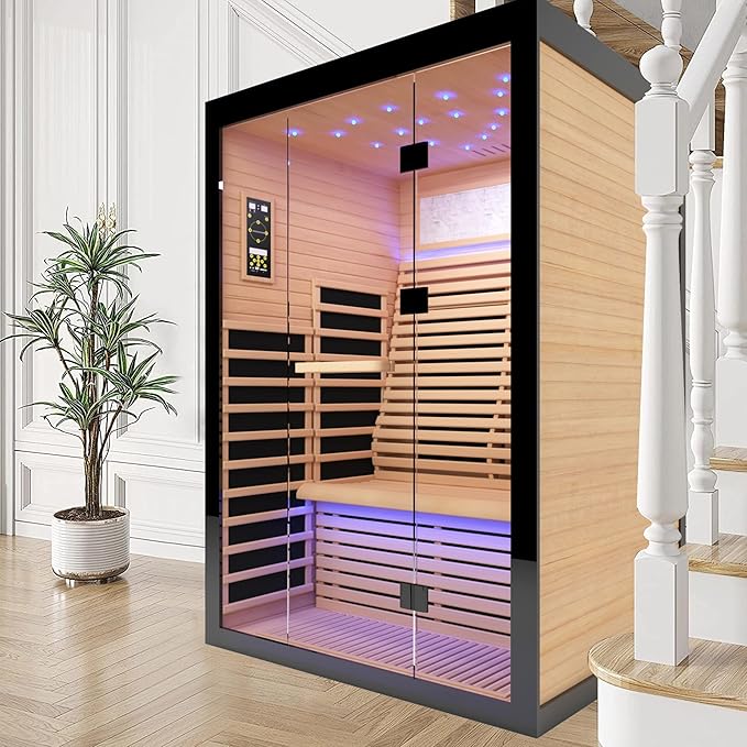 2 Person Infrared Sauna Home Indoor Sauna Canadian Hemlock Wooden Dry Sauna Room Low EMF 2160W with Oxygen Bar, 7 Color Therapy 53.1" x 47.2" x 74.8"