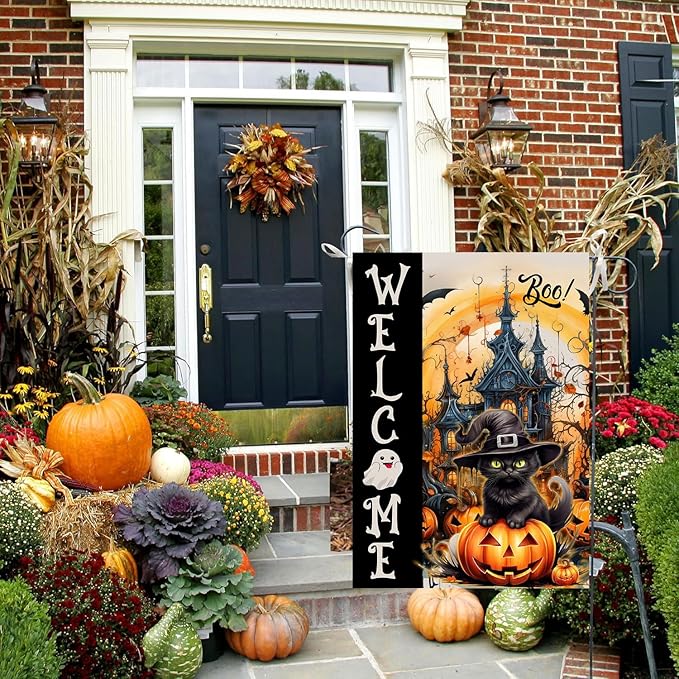 DECORLUXES Halloween Cat Garden Flag Double Sided, Welcome Halloween Large Garden Flags Garden Outside Decor, Yard Flag Decorations (Garden Flag)