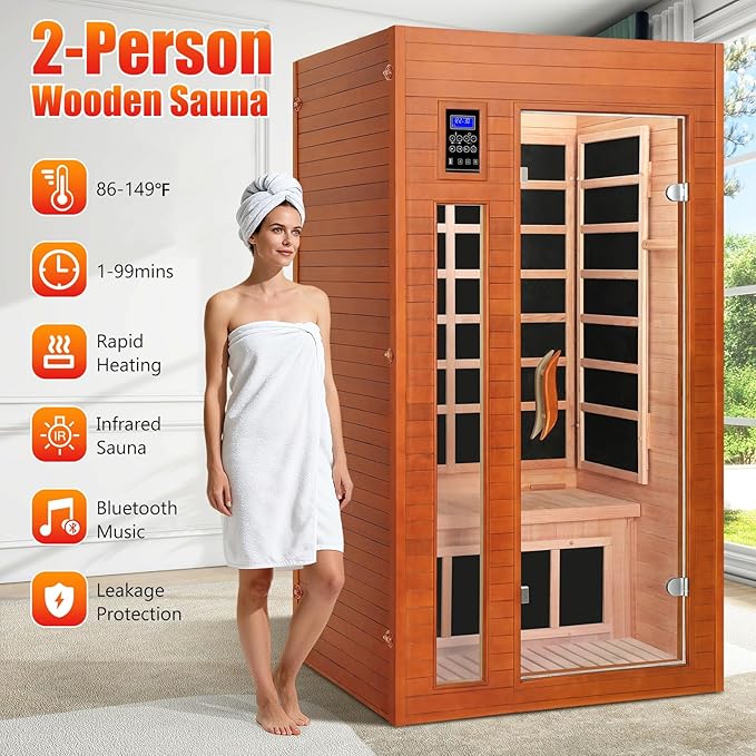 1-2 Person Infrared Sauna, Dry Heat Sauna with Red Light Therapy, Bluetooth, Radio, 7-Color Therapy Light for Home, Indoor, Gym, Wellness Center, 36″ x 36″ x 73″