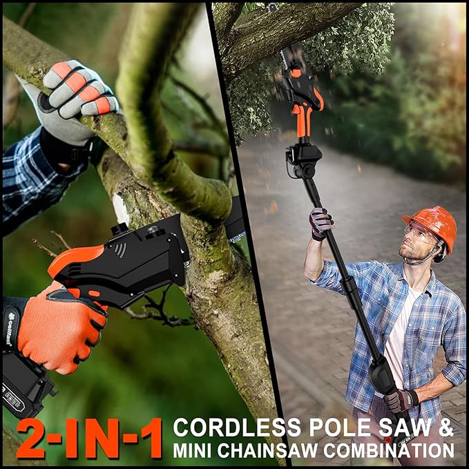 2-IN-1 Cordless Pole Saw & 8" Mini Chainsaw Battery Powered, Electric Pole Saws for Tree Trimming with 2 x 21V Batteries, Auto Oiling, 13.5 FT Max Reach, Handheld Chainsaw & Pole Saw Combo