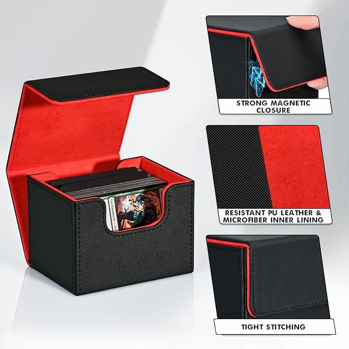 ZLCA Card Deck Box for Trading Cards, MTG Commander Deck Box Holds 120+ Single Sleeved Cards, Leather Magnetic Card Storage Box Fits for TCG CCG Magic Cards (Black& Red)