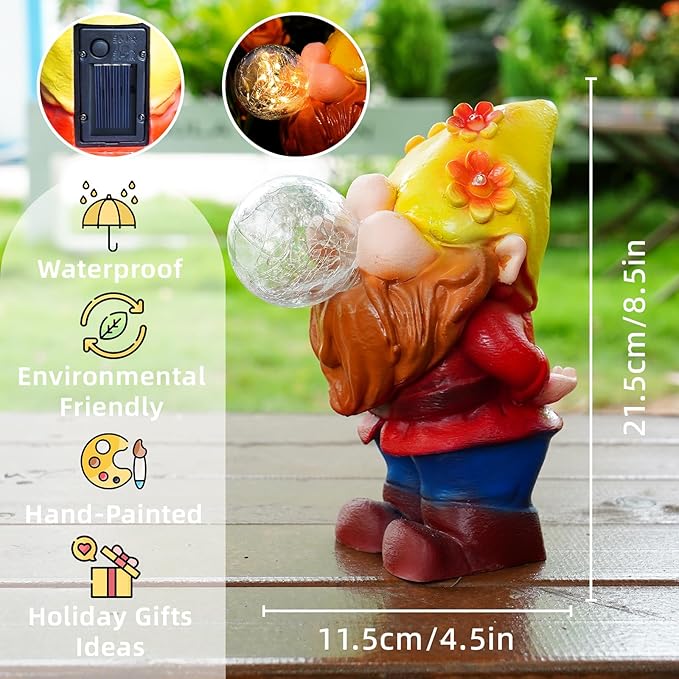 Solar Garden Statues Lights, 8.5" Cute Outdoor Gnome Figurine with Auto On/Off for Yard Patio Decor, Gifts for Women, Grandma, Mom, Housewarming (Bubble Bliss Gnome)