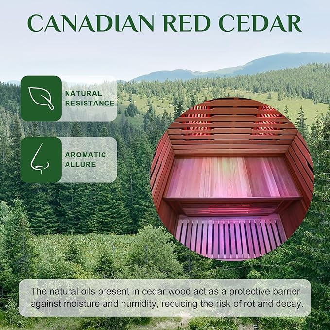 Outdoor Infrared Sauna 2 Person,Luxury Waterproof Red Cedar Sauna, All-in-One, No Setup, No Assembly, 6 Heating Panels, Light Strip, 1950W 120V app Control, Plug & Play Home Spa(0-149℉)