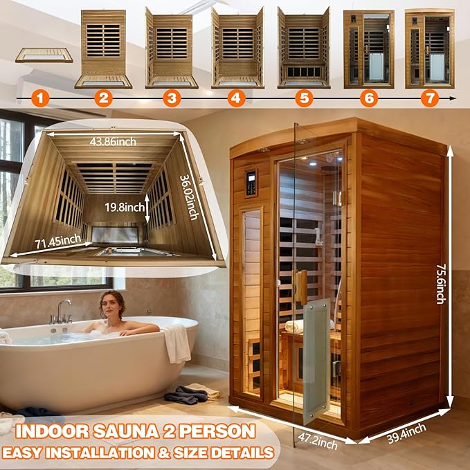 2 Person Infrared Sauna for Home, Red Cedar Ultra Low EMF (0-1mG) Far Infrared Sauna, 1750W Indoor Wooden Saunas Room with Bluetooth Speakers, Chromotherapy Lights & Door Heated Panels