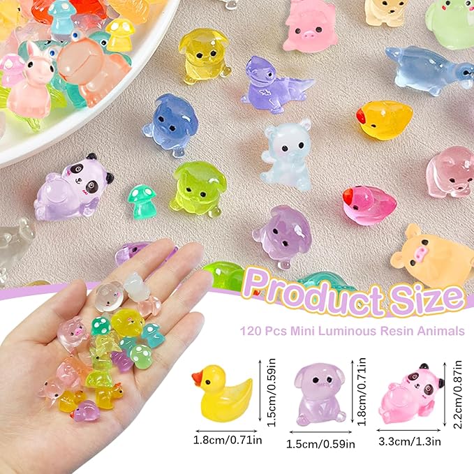 120 Pcs Luminous Mini Resin Animals 12 Styles Glow in The Dark Mini Ducks Pigs Frogs Turtles Chicks Rabbit Puppies Lizards Micro Landscape Decorations for Fairy Garden Landscape Dollhouse Decor Crafts