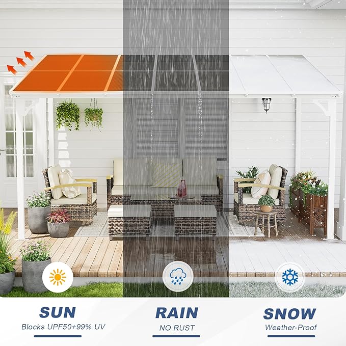 MEISSALIVVE 10' x 14' Wall Mounted Lean to Metal Awnings with Sloped Roof, Outdoor Patio Gazebo Awning for Backyard, Deck, White