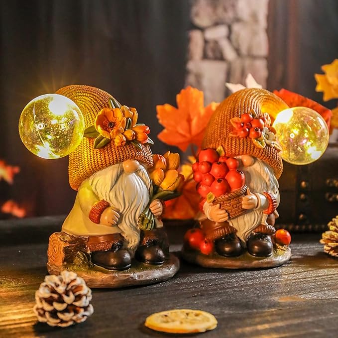 Bdor Fall Gnomes Garden Decor 7 Inch – Harvest Gnome Statue with LED Crackle Globe Lights, Autumn Yard Ornaments for Thanksgiving, Outdoor Lawn, Porch, Patio, Garden Decorations