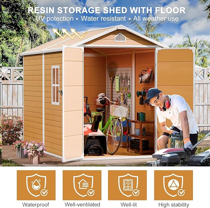 Resin Storage Shed with Floor 8 x 6 FT Waterproof Plastic Outdoor Garden Sheds Kit with Lockable Door & Windows,Patio Tool Shed for Backyard Lawn, Wood Color