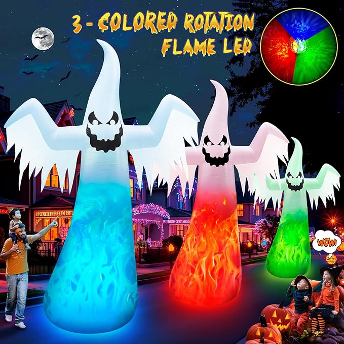 12FT Giant Halloween Inflatables Ghost Built-in 3-Color Changing Rotating Flame LEDs, Huge Halloween Decorations Outdoor Spooky Blow Up Yard Decoration Large Scary Blowups for Festival Lawn(1PCS)
