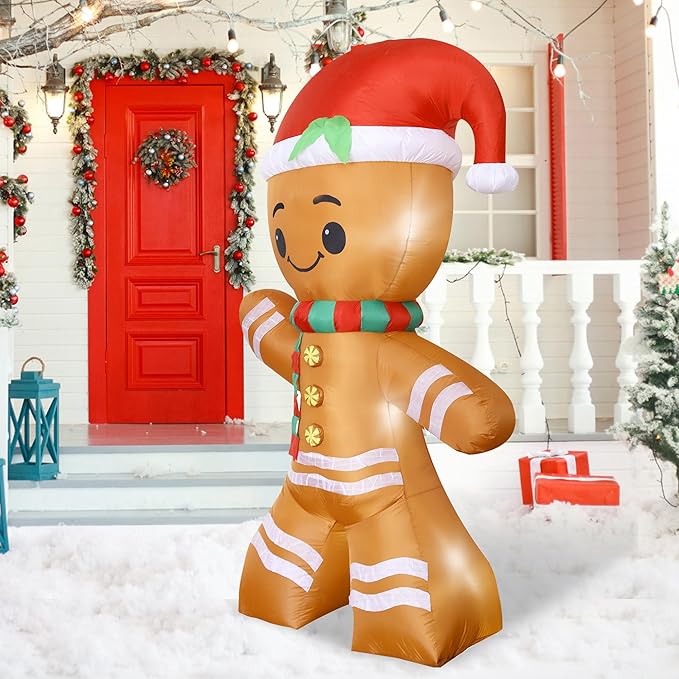 DearSun 8FT H Lovely Giant Christmas Inflatable Gingerbread Man with Build-in LED Lights, Blow up Christmas Inflatable Outdoor Indoor Decorations Large Party Yard Decoration