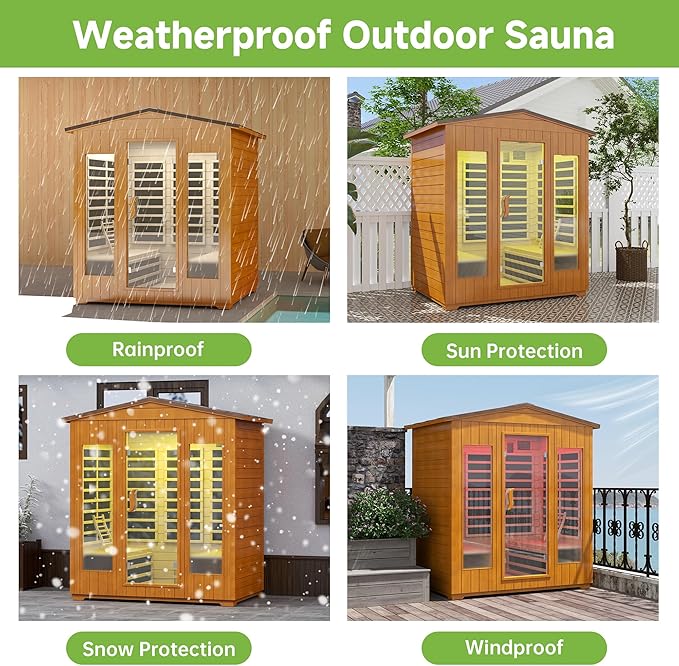 Springspa Outdoor Sauna 4 Person, Infrared Sauna for Home, Wooden Outdoor Saunas Room, 3400 Low EMF Far Infrared with Bluetooth, LCD Panel, 7 Color Chromotherapy Lamp, Reading Lamp