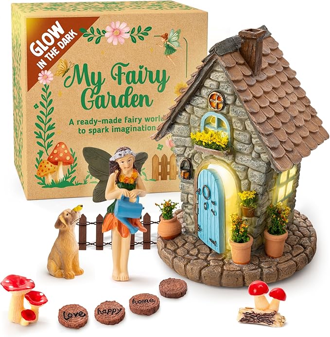 My Fairy Garden Kit – 11-Piece Fairy House Set - 7.1" High Fairy House for Outside with Open Door & Solar Light, Fairy & Dog Figurines, Mushrooms & Miniature Accessories – Outdoor Decor Gift