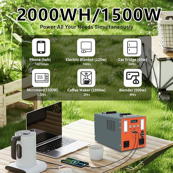 Portable outdoor camping power supply, 2000Wh backup power supply, output power 1500W, with pure sine wave 110V AC socket, suitable for outdoor camping home power outage emergency