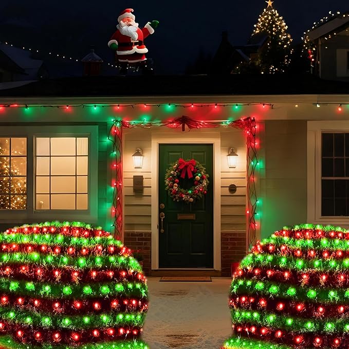 Pooqla Christmas Net Lights, 300LED Outdoor Net Mesh Lights, 14.8x4.9 ft Fairy String Lights 8 Modes Green Wire, Connectable Waterproof Decorative for Bushes Tree Garden Halloween, Red and Green