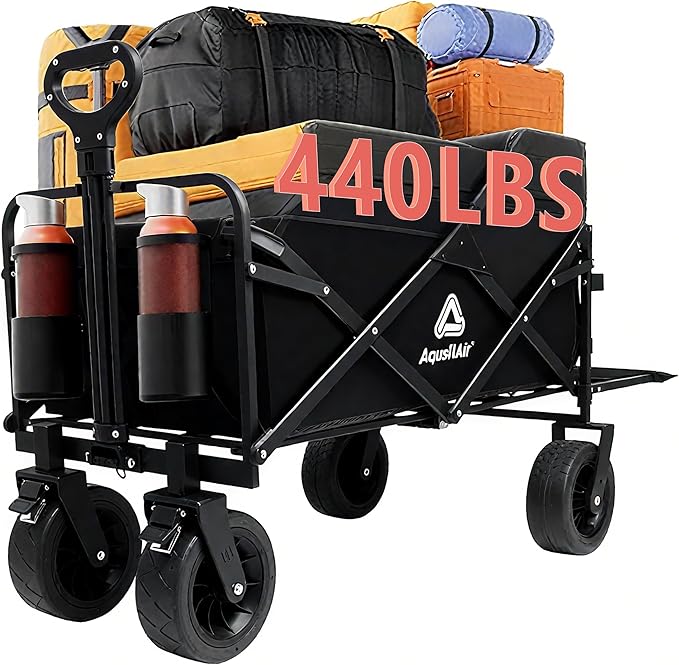 Collapsible Wagon with Wheels, 440 lbs Wagons Carts Foldable Wagon Cart with Flexible Handle, Lightweight Portable Folding Utility Grocery Shopping Cart for Grocery Sports Garden Camping