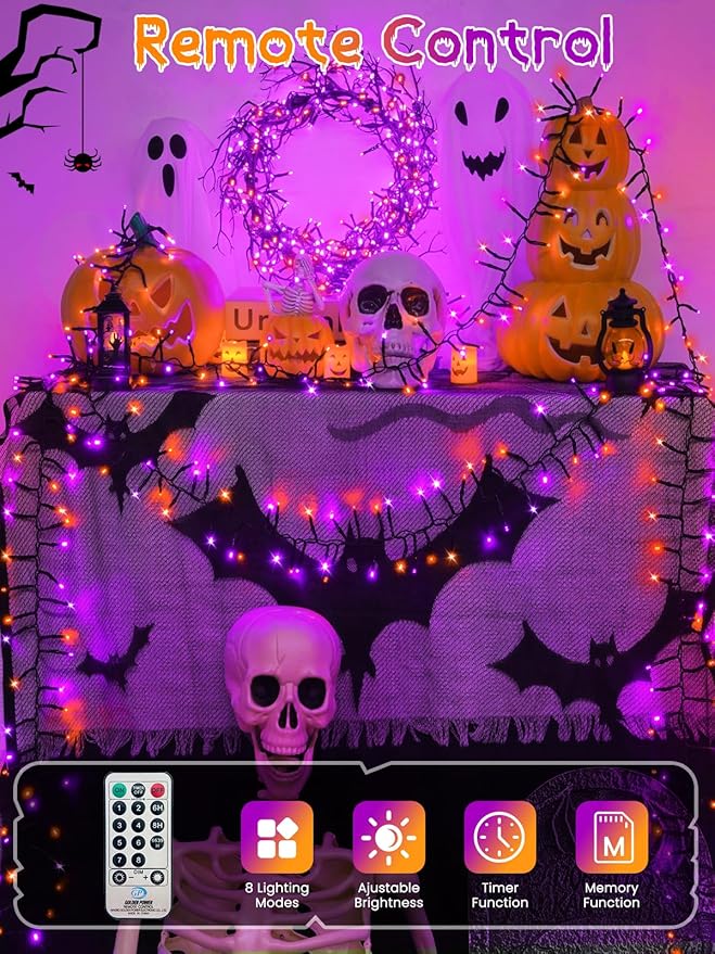 500 LED Orange and Purple Halloween Lights Plug in, Dimmable Twinkle Lights with Remote 8 Modes and Timer, 25FT Waterproof Fairy String Light for Indoor Outdoor Horror Party Tree Decorations