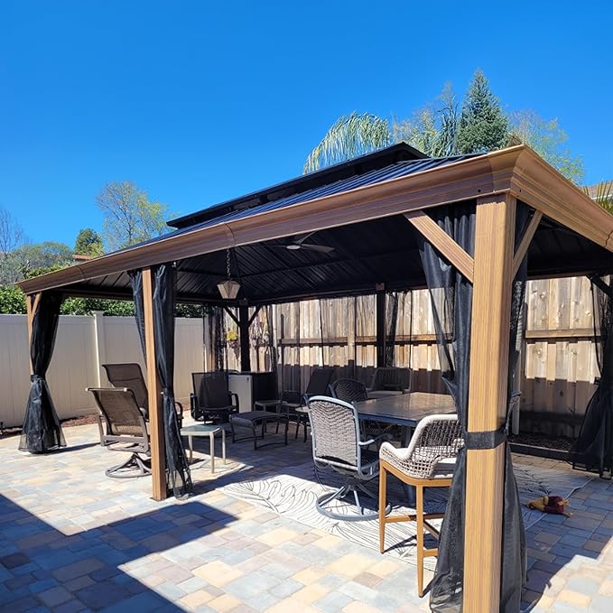PURPLE LEAF 12' X 18' Outdoor Hardtop Gazebo for Patio Galvanized Steel Double Roof Permanent Canopy Teak Finish Coated Aluminum Frame Pavilion Gazebo with Netting