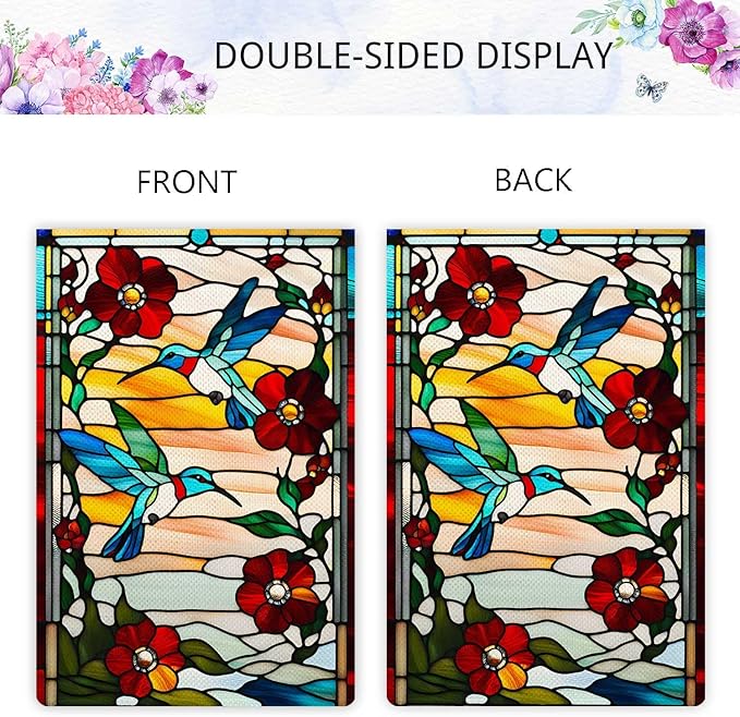 Spring Summer Hummingbird Garden Flag Glass Style Vertical Double Sided Rustic Farmland Burlap Yard Lawn Outdoor Decor 28x40"