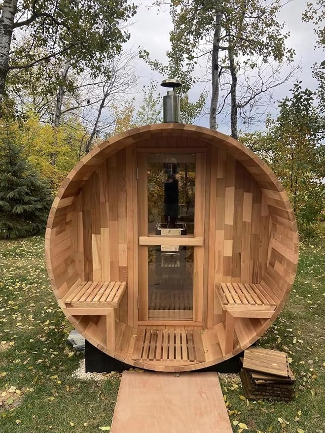 Customize Wood Burning Sauna 4-8 Person, Outdoor Canadian Red Cedar Barrel Sauna with Porch, Glass Window Option, Scenic Porch, Wood Stove, Luxurious Texture
