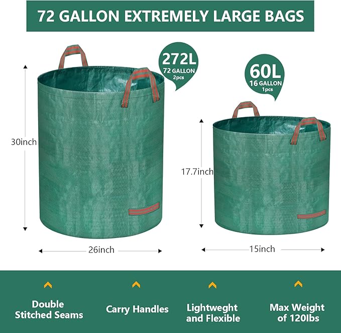 Reusable Yard Waste Bags – 3 Pack (2 x 272 Gallons + 1 x 16 Gallons), Heavy Duty Garden Leaf Bags with Reinforced Handles and Gardening Gloves for Lawn Cleanup, Debris, and Recycling